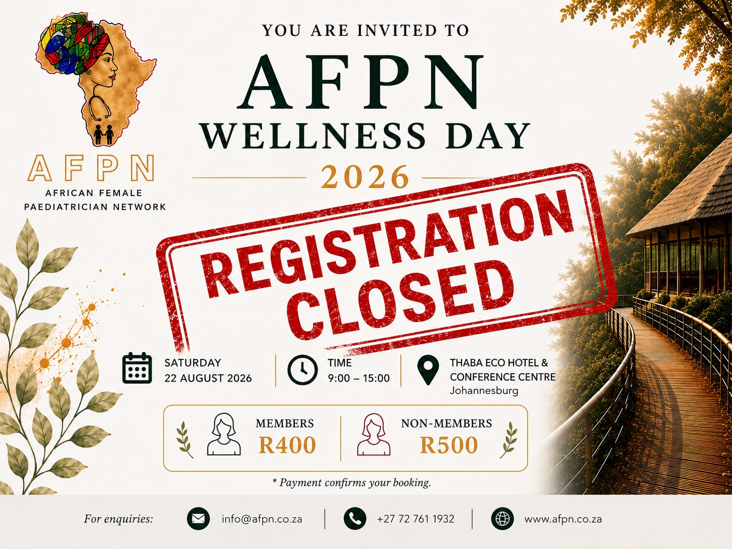 AFPN Wellness Day 2026 poster stamped Registration Closed, Saturday 22 August 2026 at Thaba Eco Hotel and Conference Centre Johannesburg